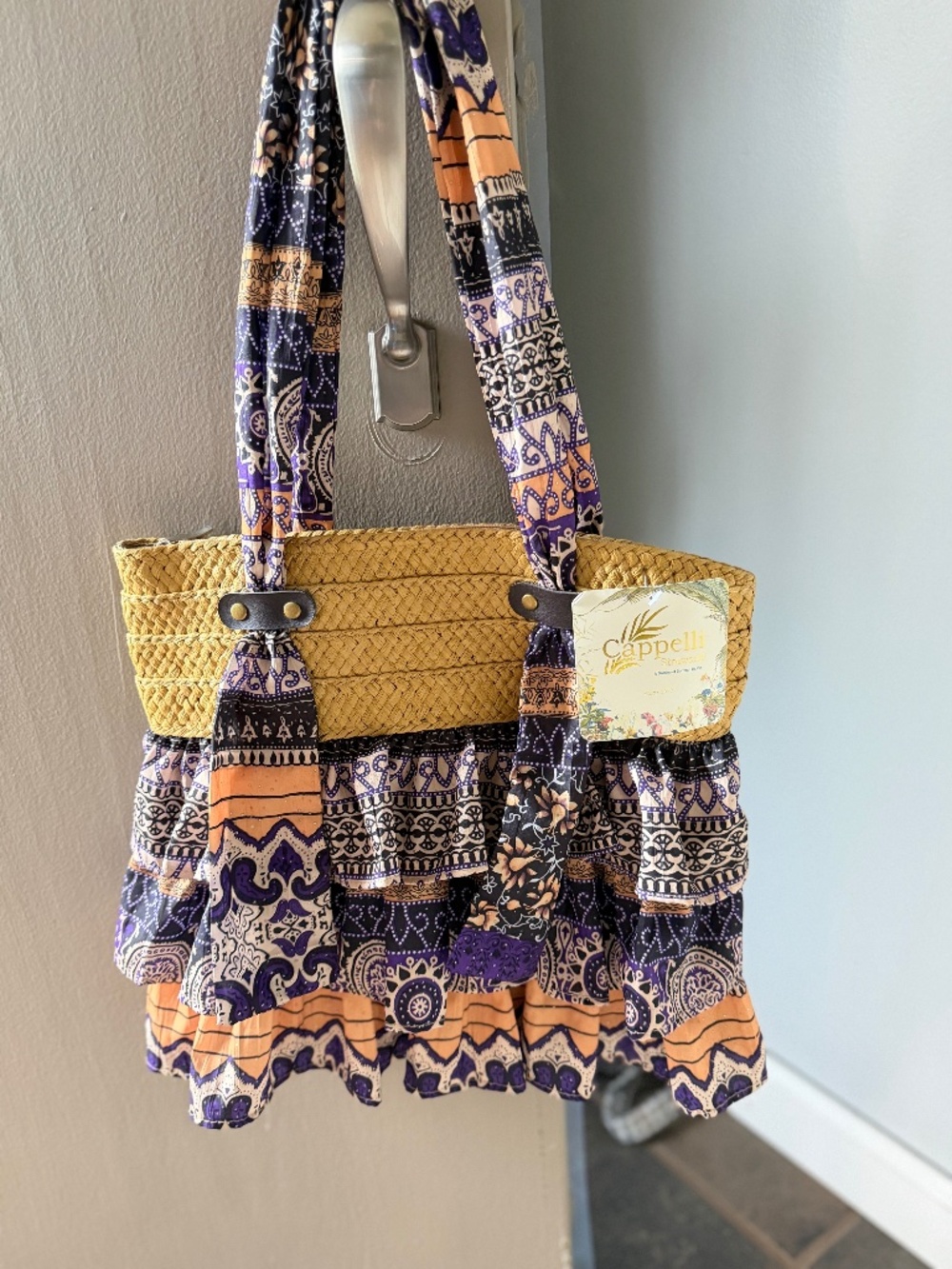 NWT Cappelli Straworld Bag Tote Purse Hand Crafted Boho Chic Ruffled Zip Close - Picture 9 of 16
